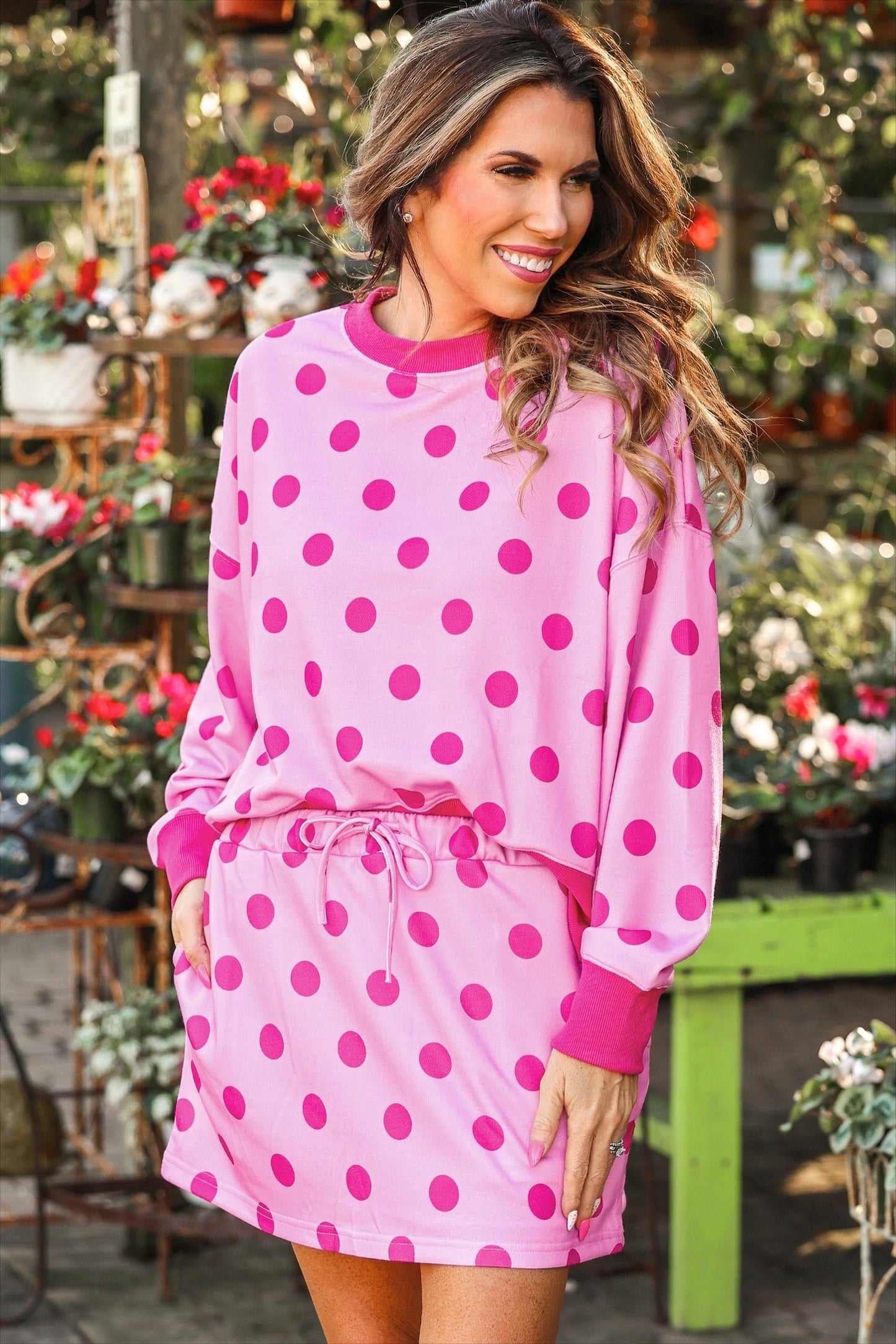Printed Terry Skort Set- Pink/Magenta Polka Dot