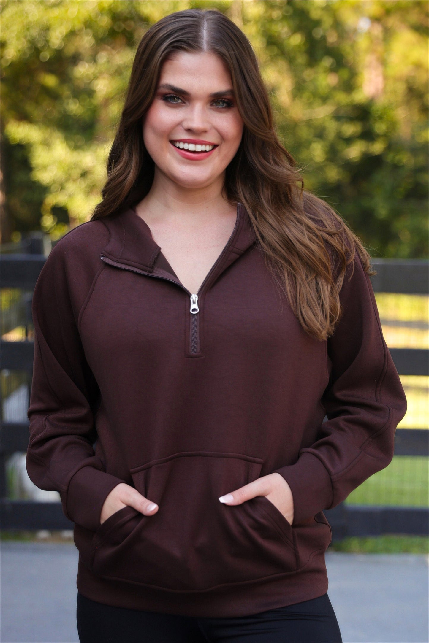 Kayla Luxe Hooded Quarter Zip Pullover- Chocolate