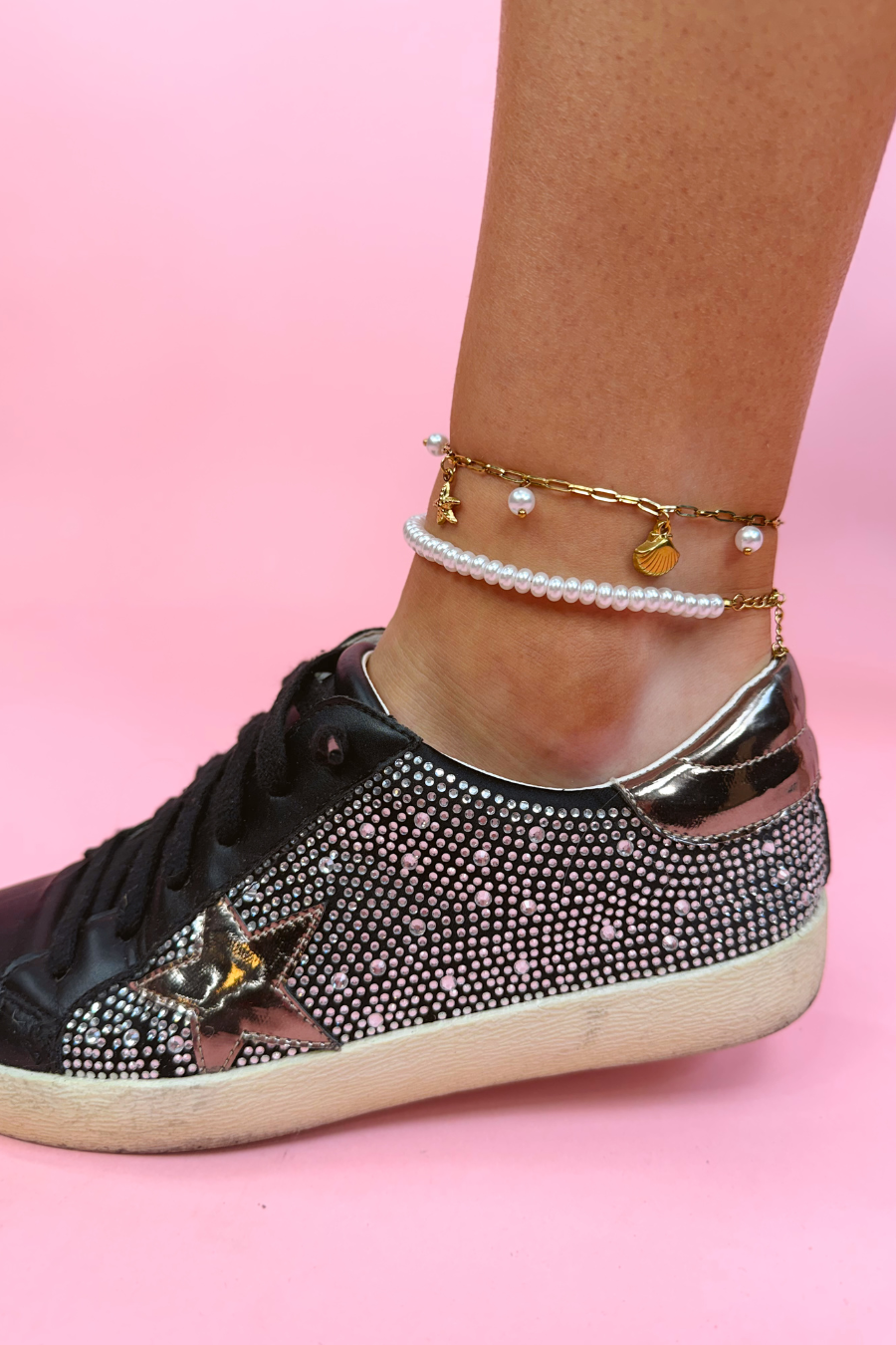Seashell Charm Pearl Anklet Set