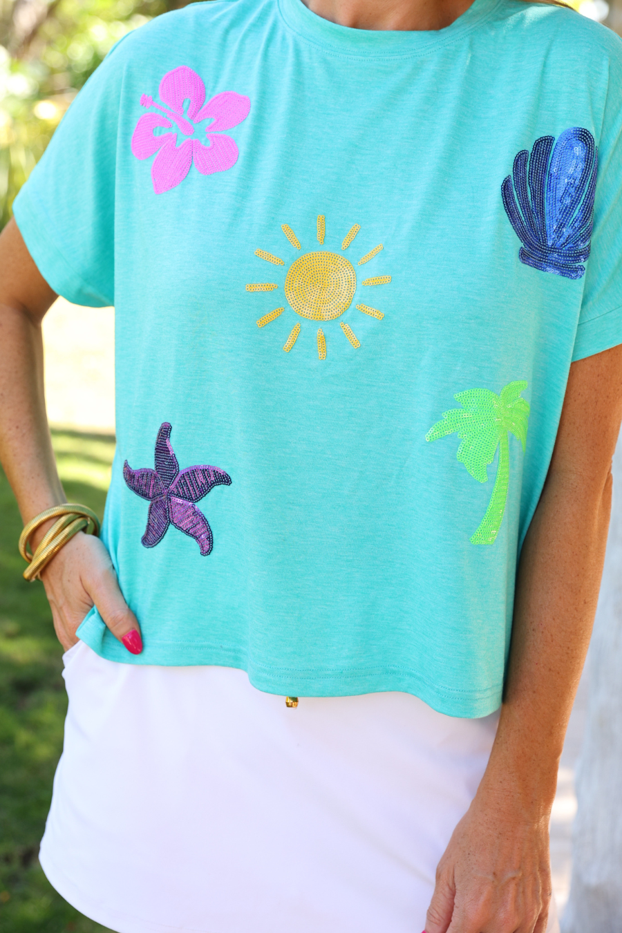 On Vacay Sequin Patch Top