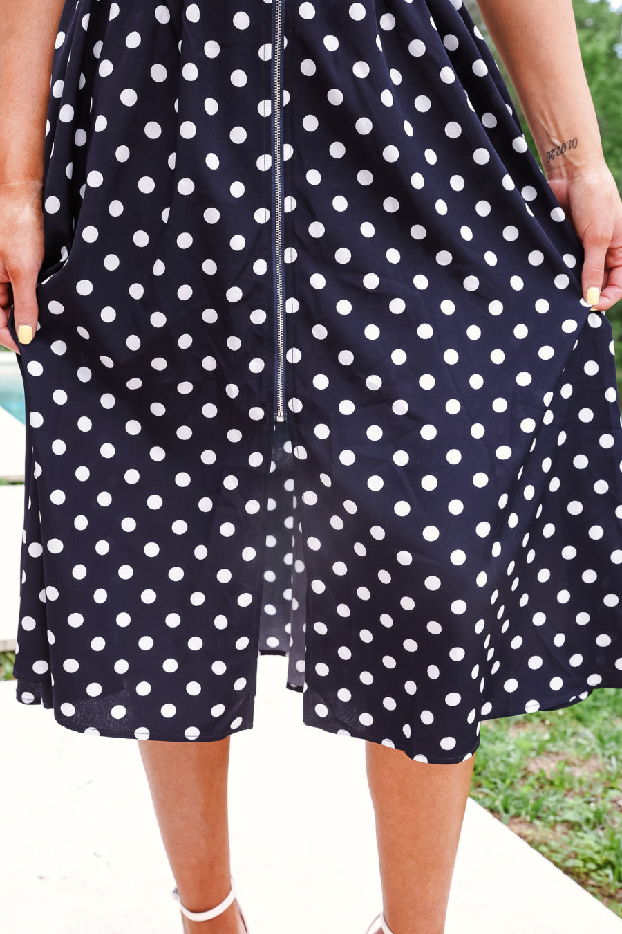 Annie Midi Zipper Dress- Navy Polka Dot