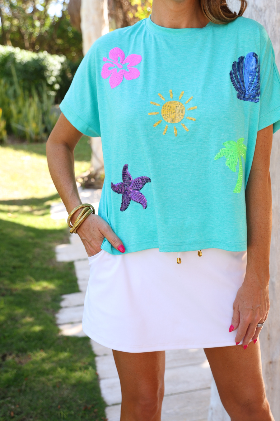 On Vacay Sequin Patch Top