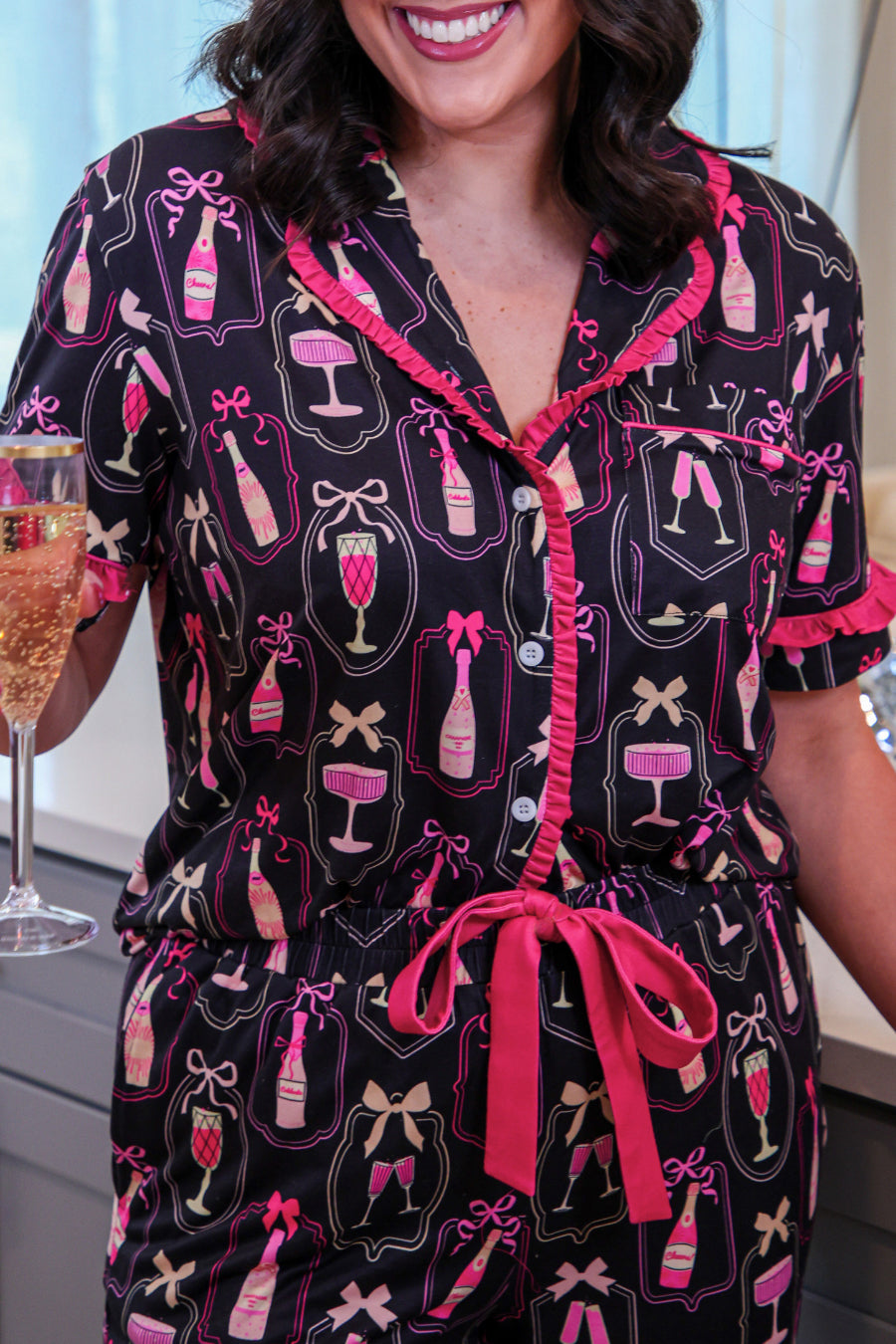 PREORDER- Bows & Bubbly After Dark Ruffle Pajama Set