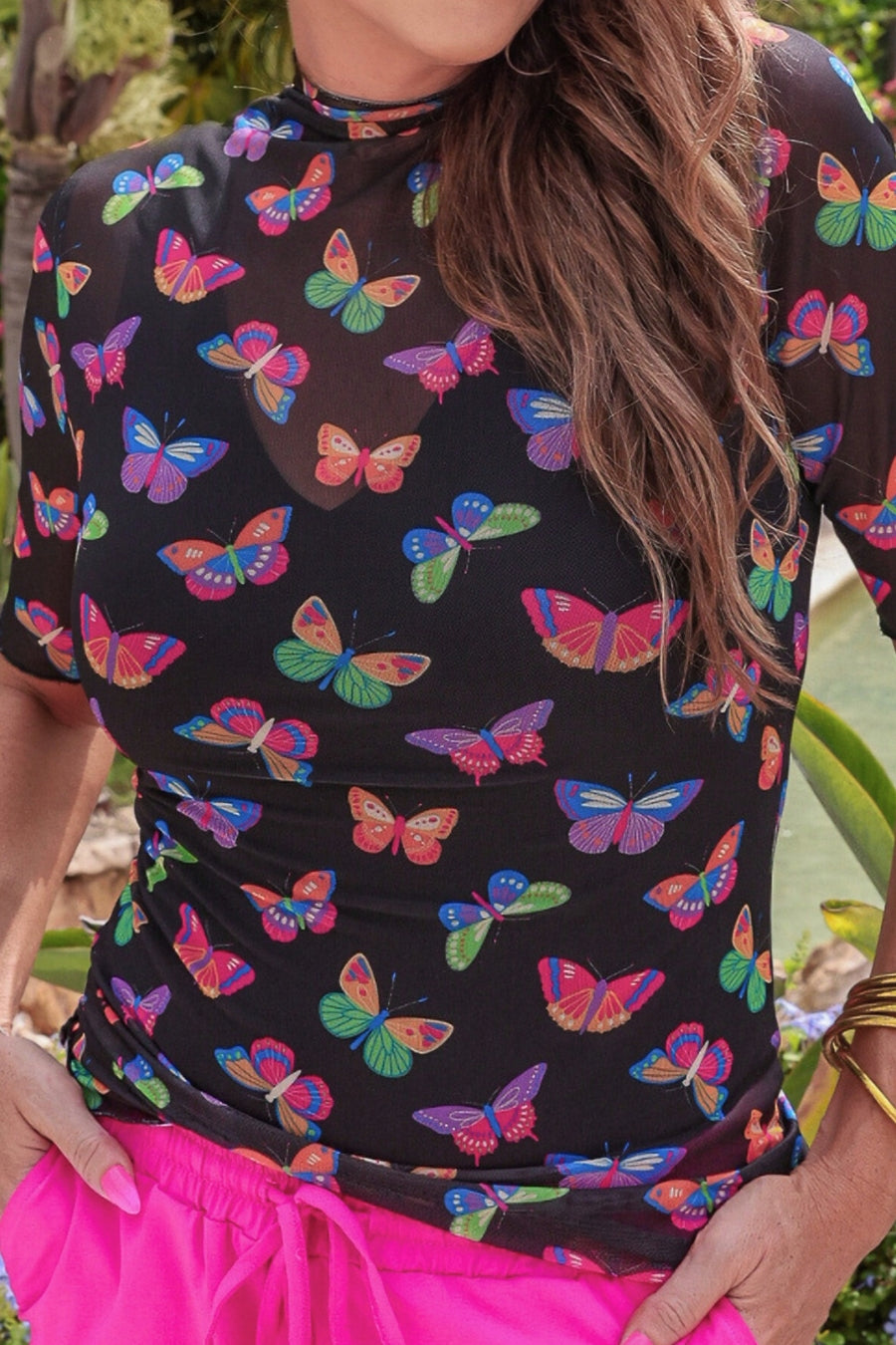 Kora Short Sleeve Mesh Top- Butterfly Effect