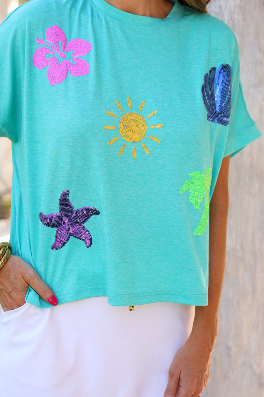On Vacay Sequin Patch Top