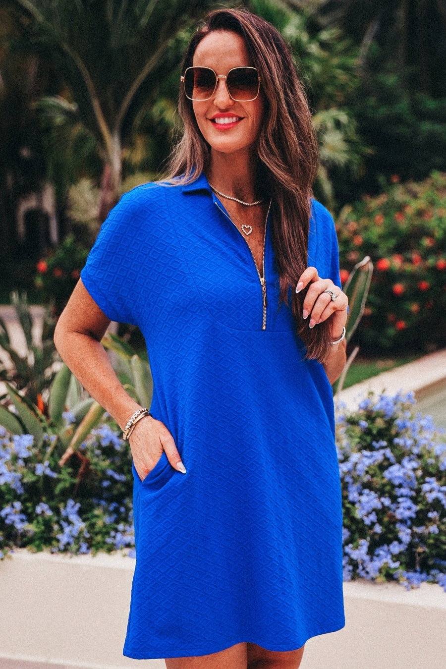 Ezra Textured Zipper Dress- Royal Blue