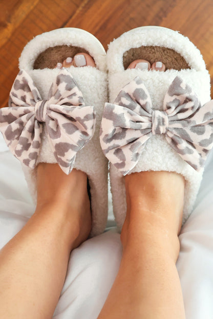 PREORDER- Open Toe Cozy Bow Slippers- Bella Leopard