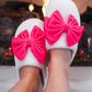 Cozy Bow Slippers- White/Hot Pink