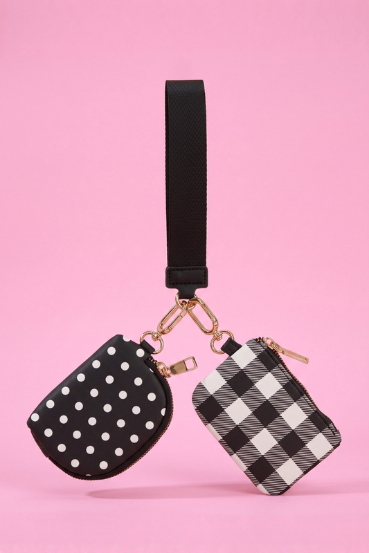 PREORDER- Double Pouch Wristlet- Black Polka Dot/Gingham