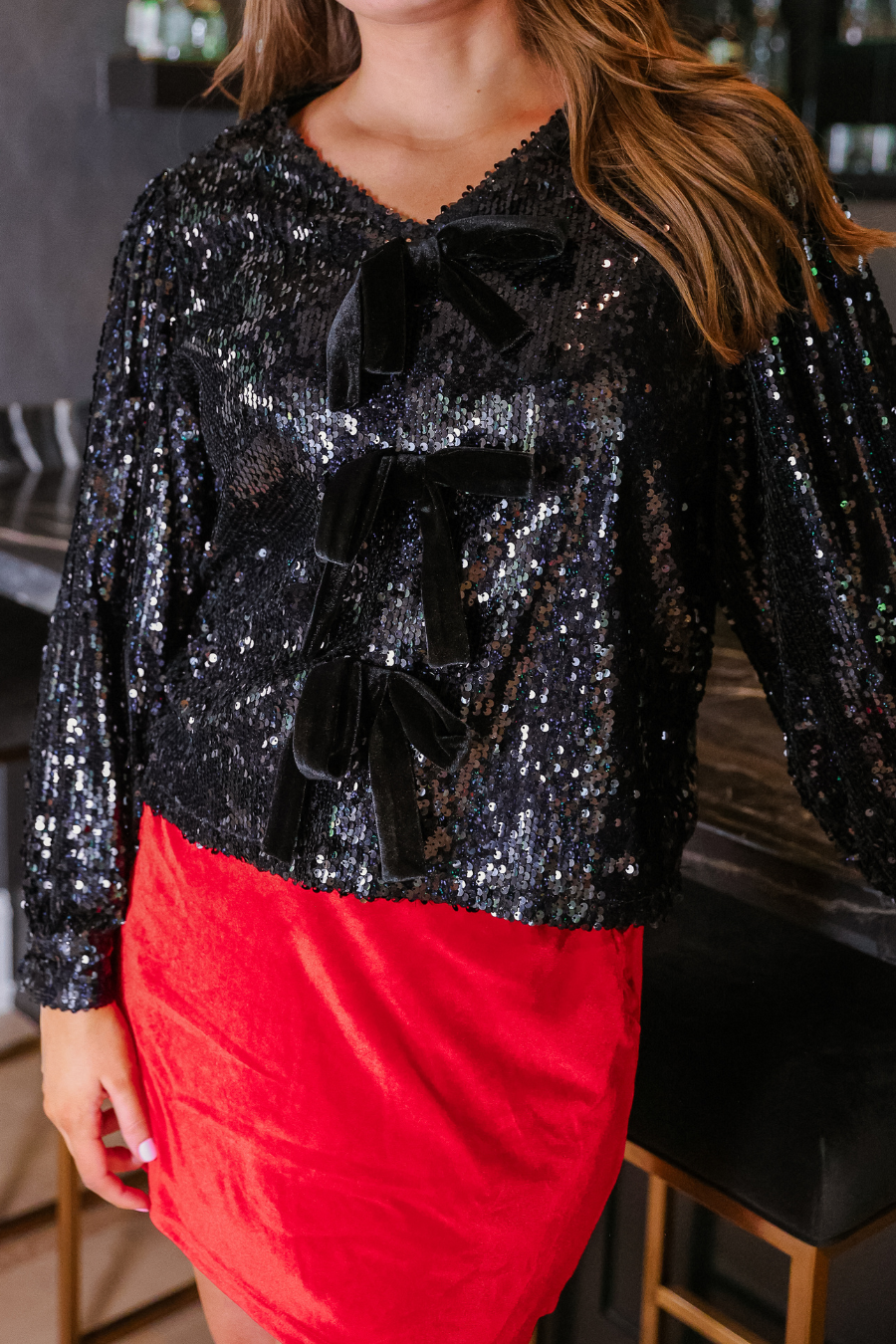 Betty Bow Top- Black Sequin