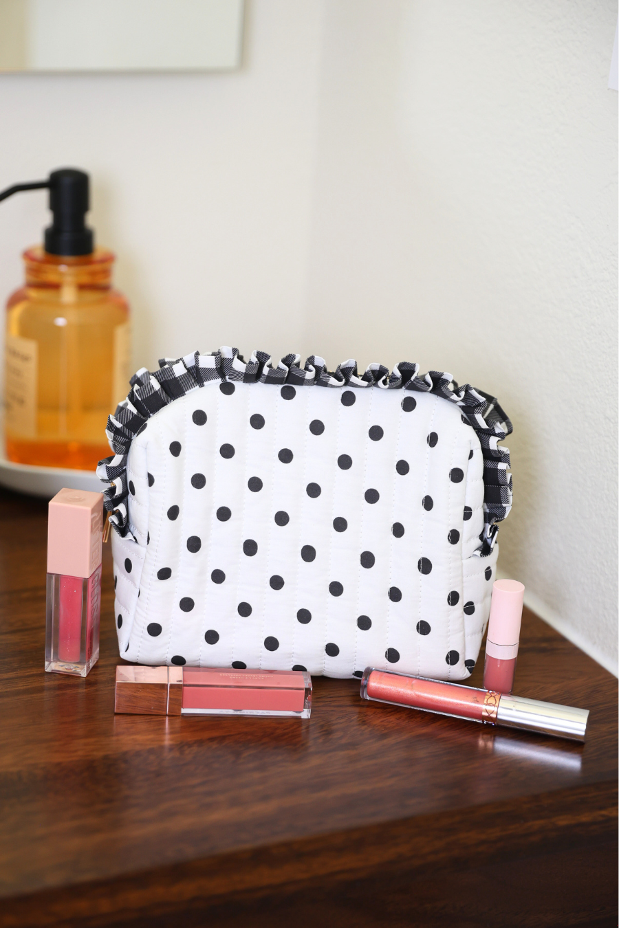 PREORDER- Gingham Polka Dot Quilted Ruffle Bag
