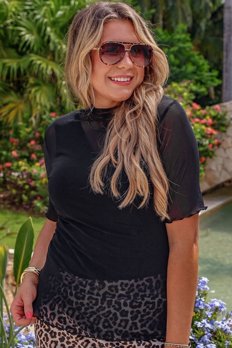 Kora Short Sleeve Mesh Top- Solid Black