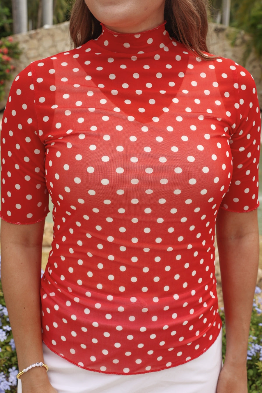 Kora Short Sleeve Mesh Top- Red Polka Dot