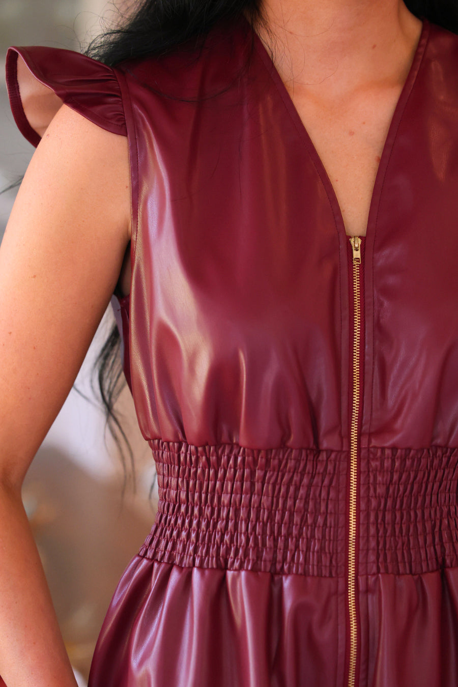 PREORDER- Downtown Leather Zipper Dress- Burgundy