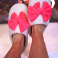 Cozy Bow Slippers- White/Hot Pink