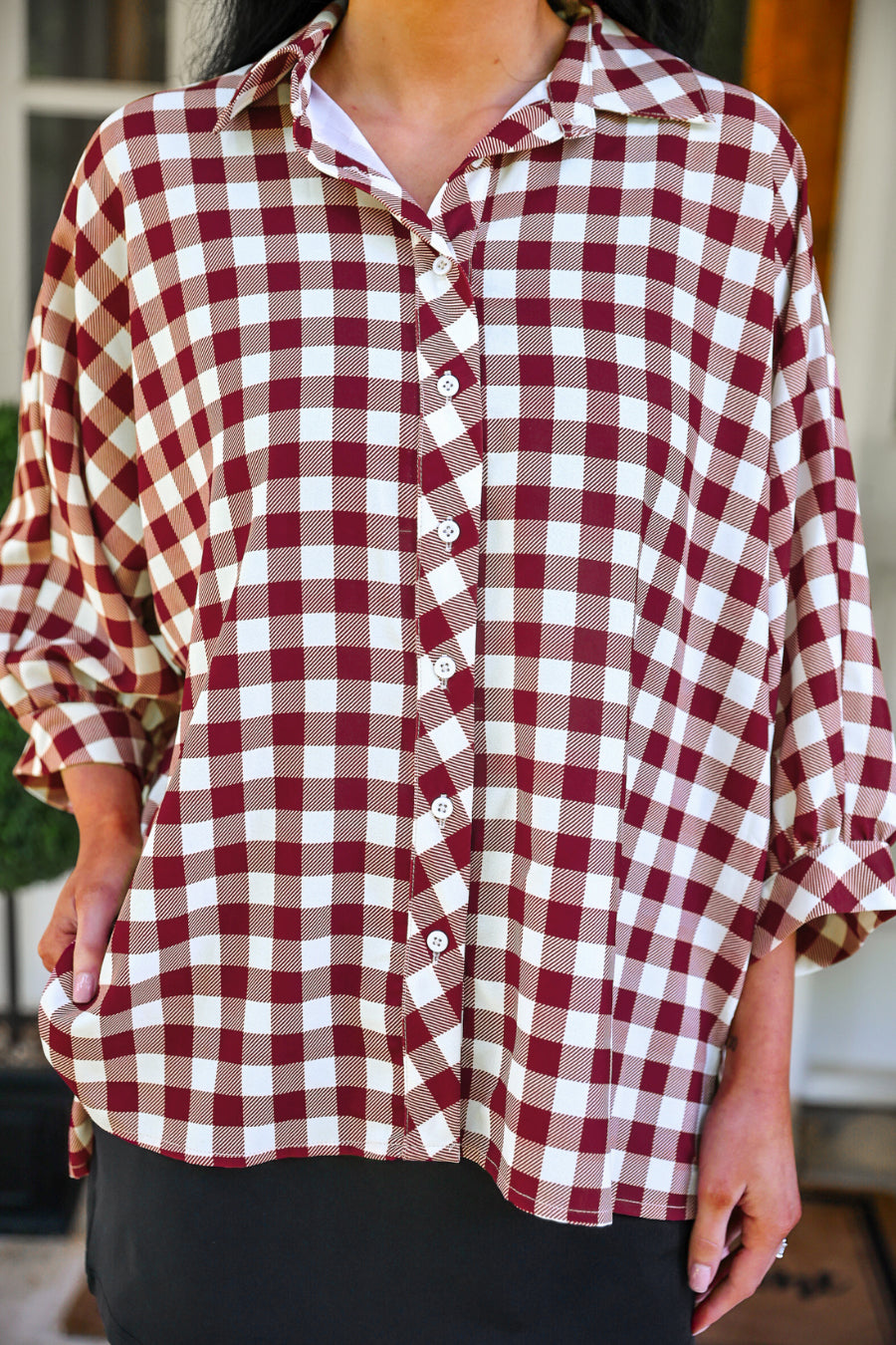 PREORDER- Sloane Button Up Top- Burgundy Gingham