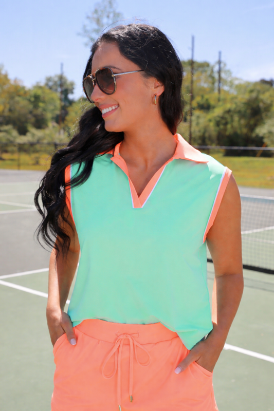 PREORDER- Everyday Polo Tank- Mint/Coral