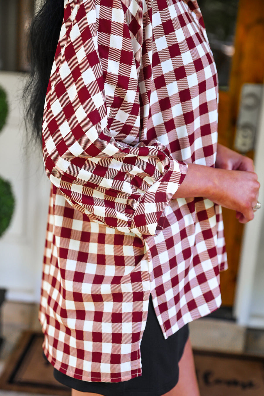 PREORDER- Sloane Button Up Top- Burgundy Gingham