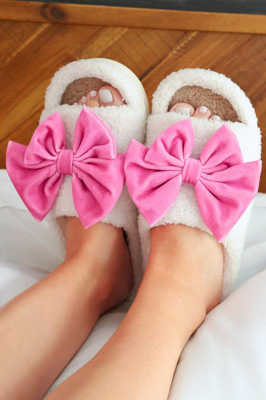 PREORDER- Open Toe Cozy Bow Slippers- White/Solid Pink