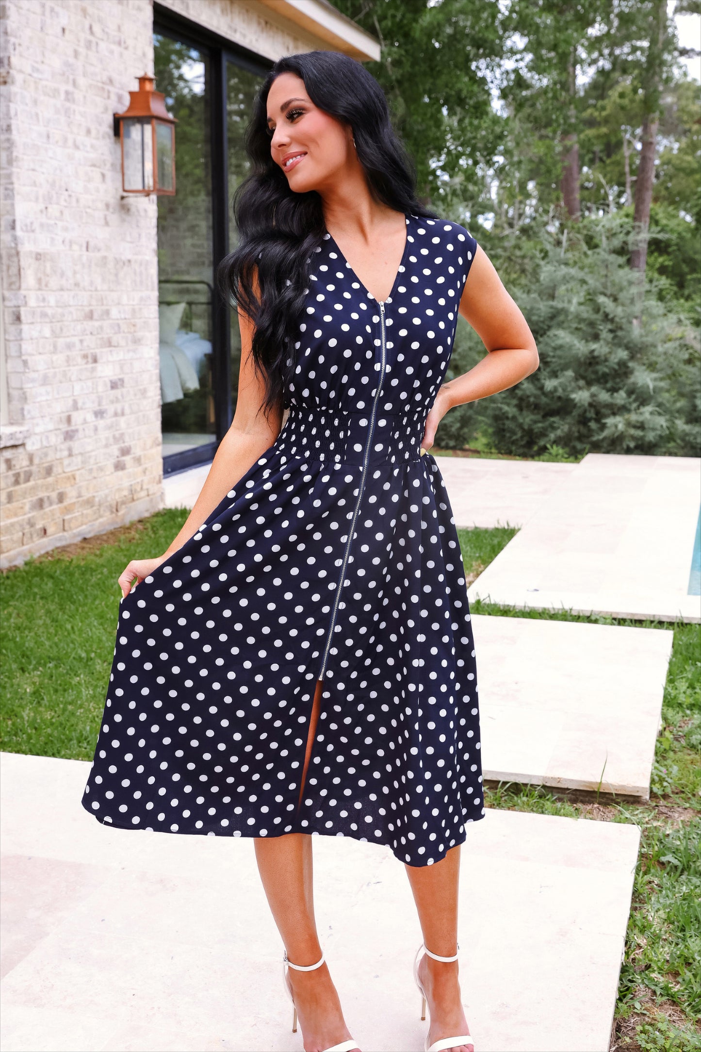 Annie Midi Zipper Dress- Navy Polka Dot