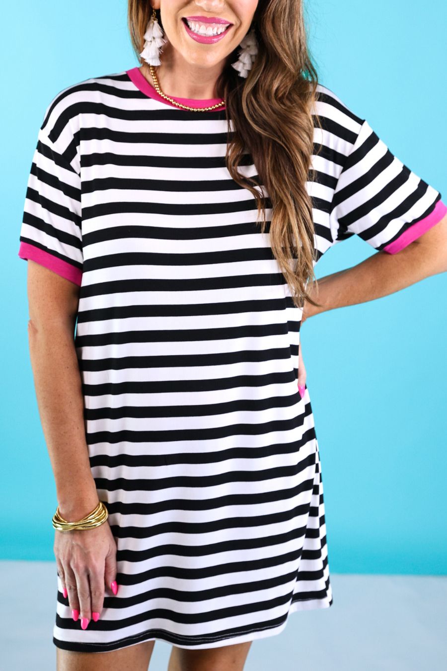 Living In Stripes Dress, Black/Pink