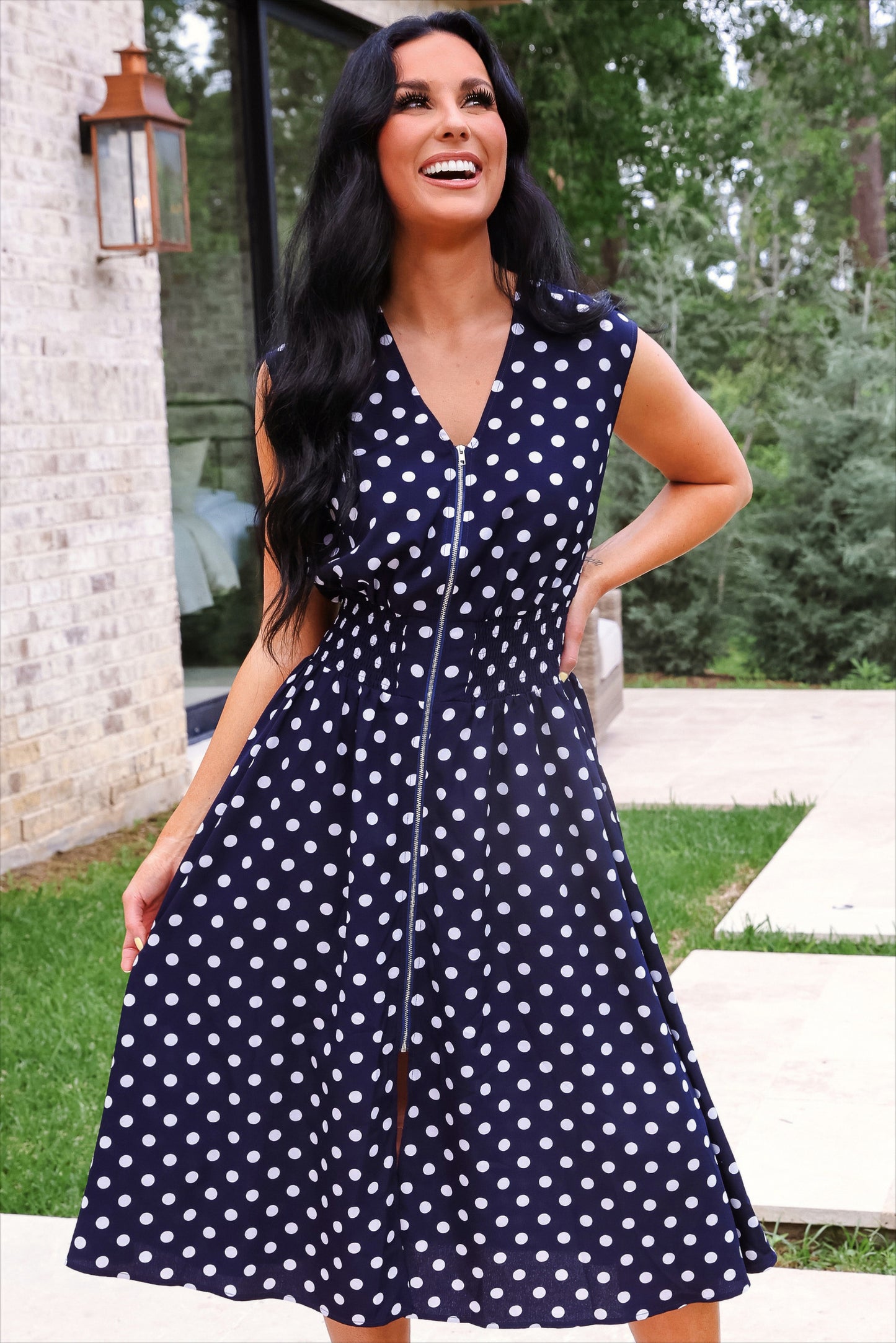 Annie Midi Zipper Dress- Navy Polka Dot
