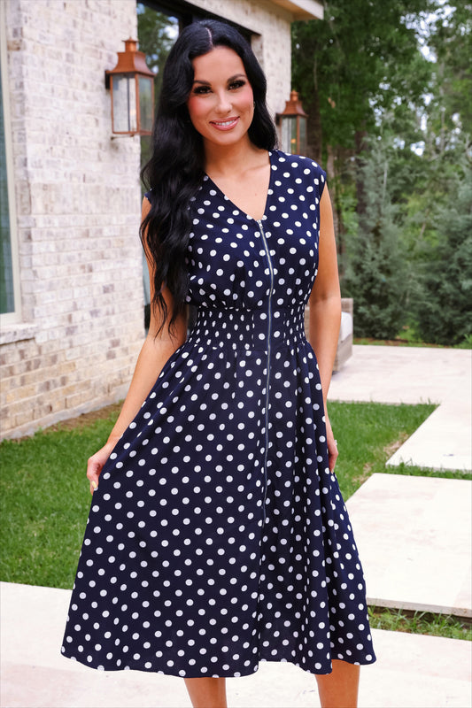 PREORDER- Annie Midi Zipper Dress- Navy Polka Dot