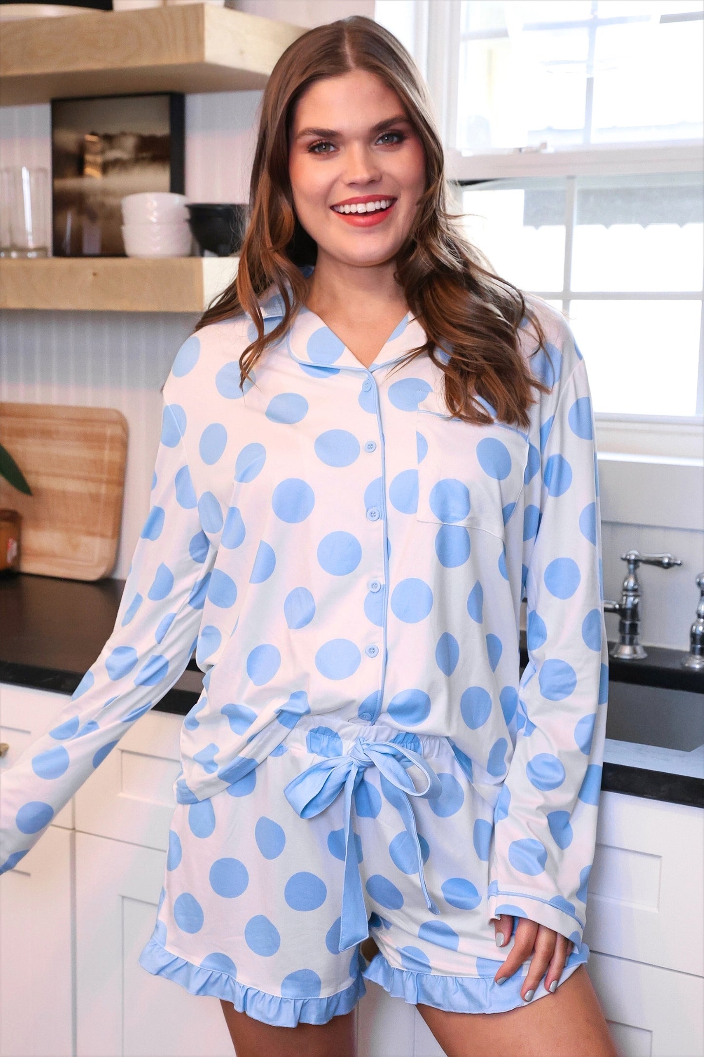PREORDER- Light Blue Dotty Darling Ruffle Pajama Set