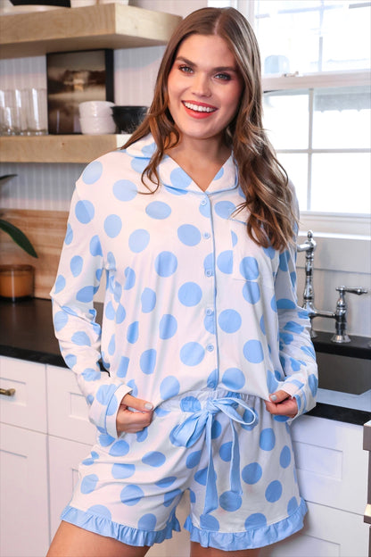 PREORDER- Light Blue Dotty Darling Ruffle Pajama Set