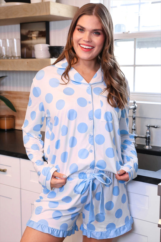 PREORDER- Light Blue Dotty Darling Ruffle Pajama Set