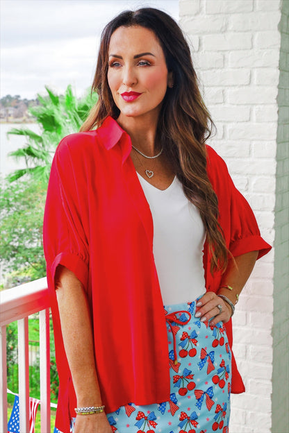 Sutton Button Up Top- Red