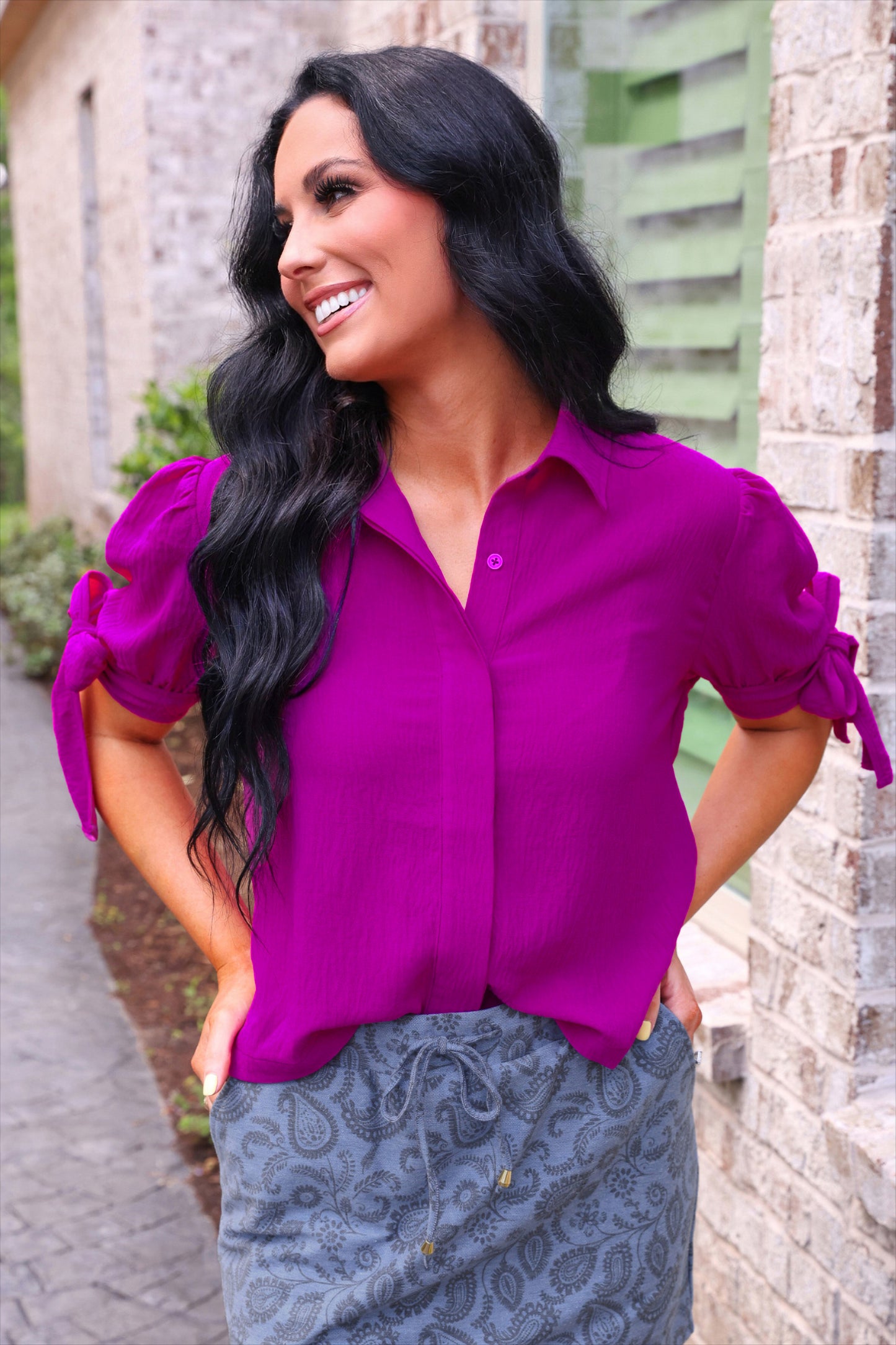Lainey Tie Sleeve Top- Fuschia