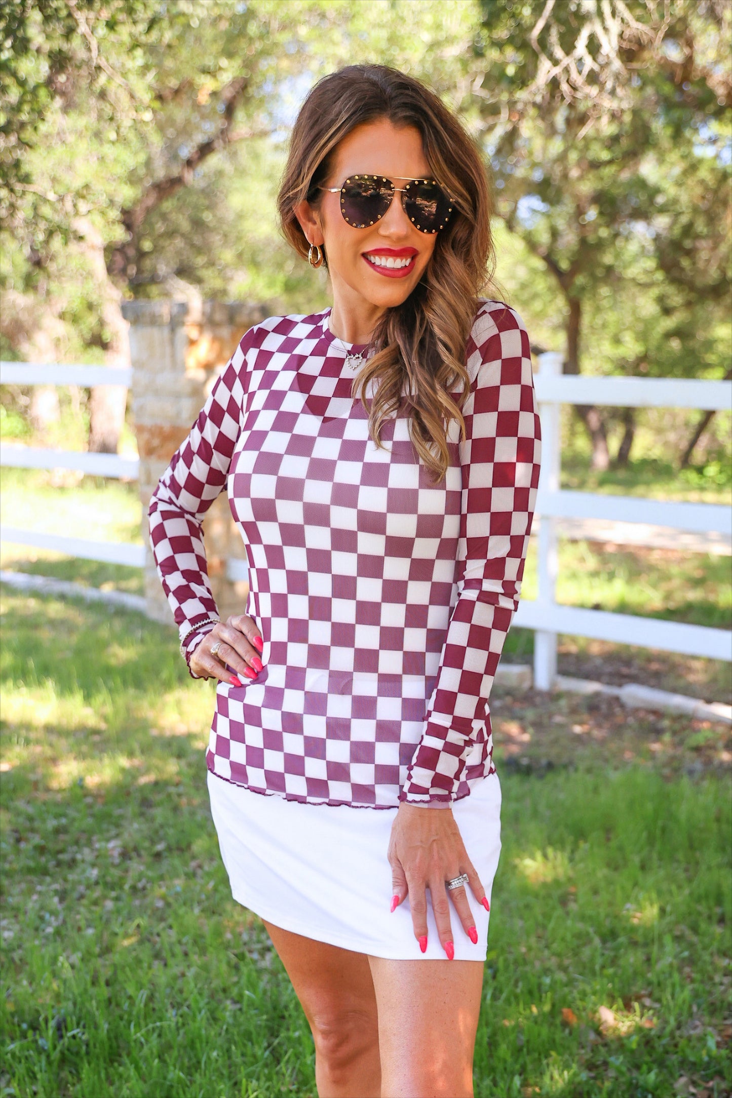 PREORDER- Alyssa Mesh Top- Maroon Checkered