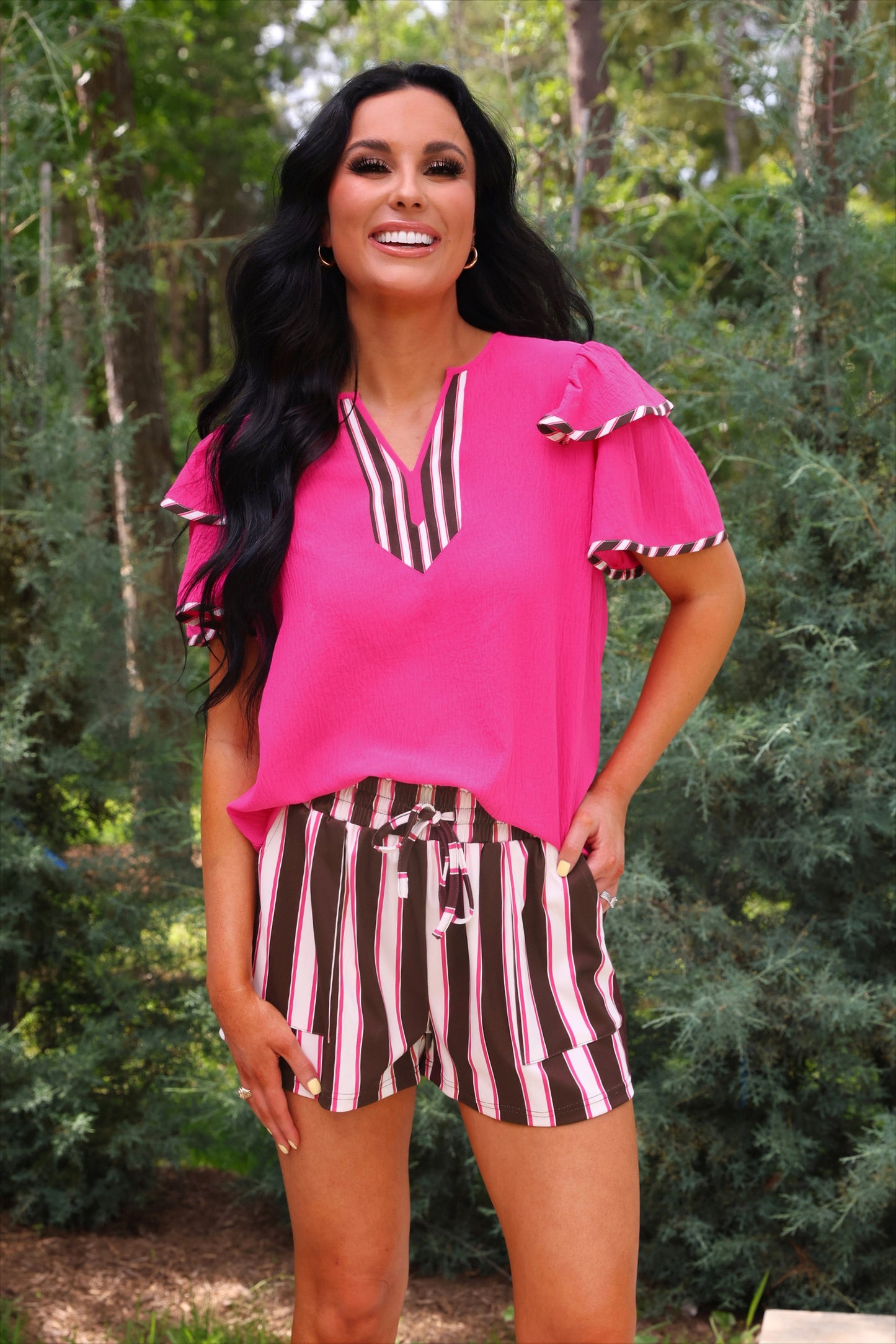 PREORDER- Ava Flutter Sleeve Blouse- Neapolitan Stripes