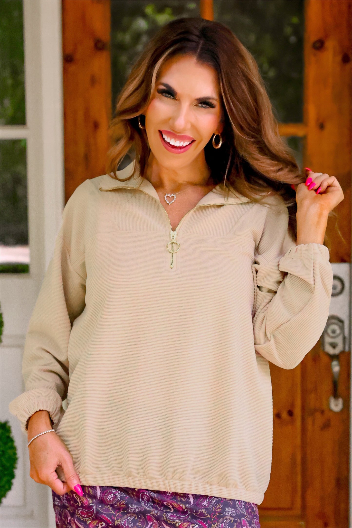 PREORDER- Levi Ribbed Quarter Zip Pullover- Taupe