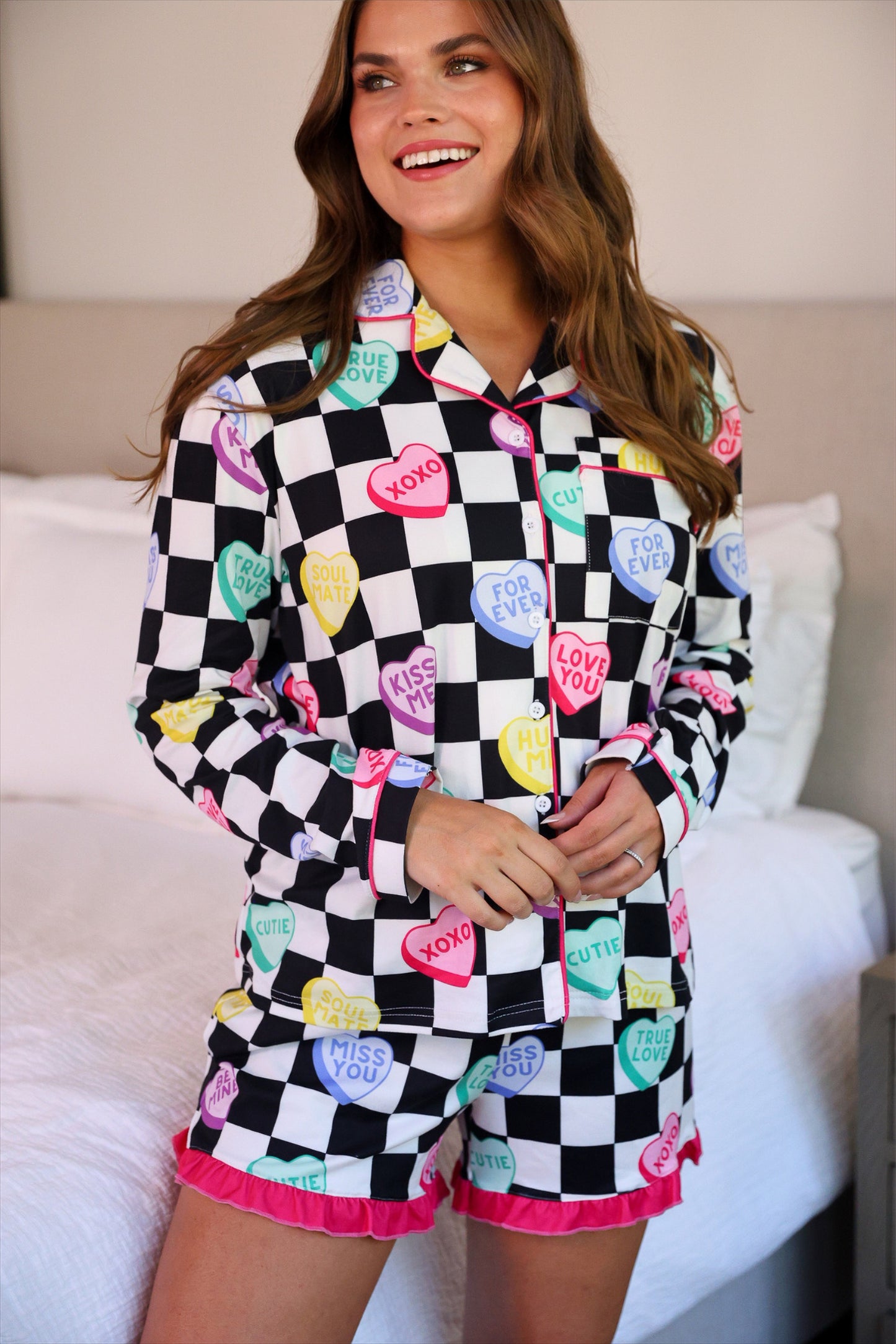 Checkered Conversation Hearts Ruffle Pajama Set