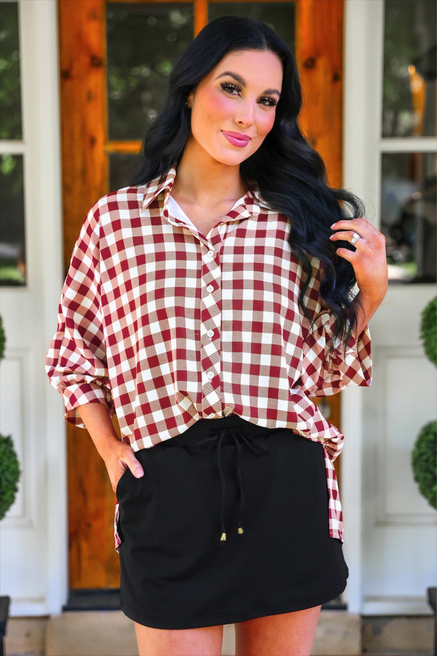 PREORDER- Sloane Button Up Top- Burgundy Gingham