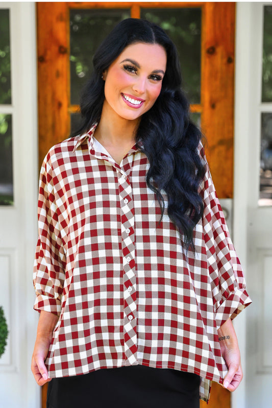PREORDER- Sloane Button Up Top- Burgundy Gingham