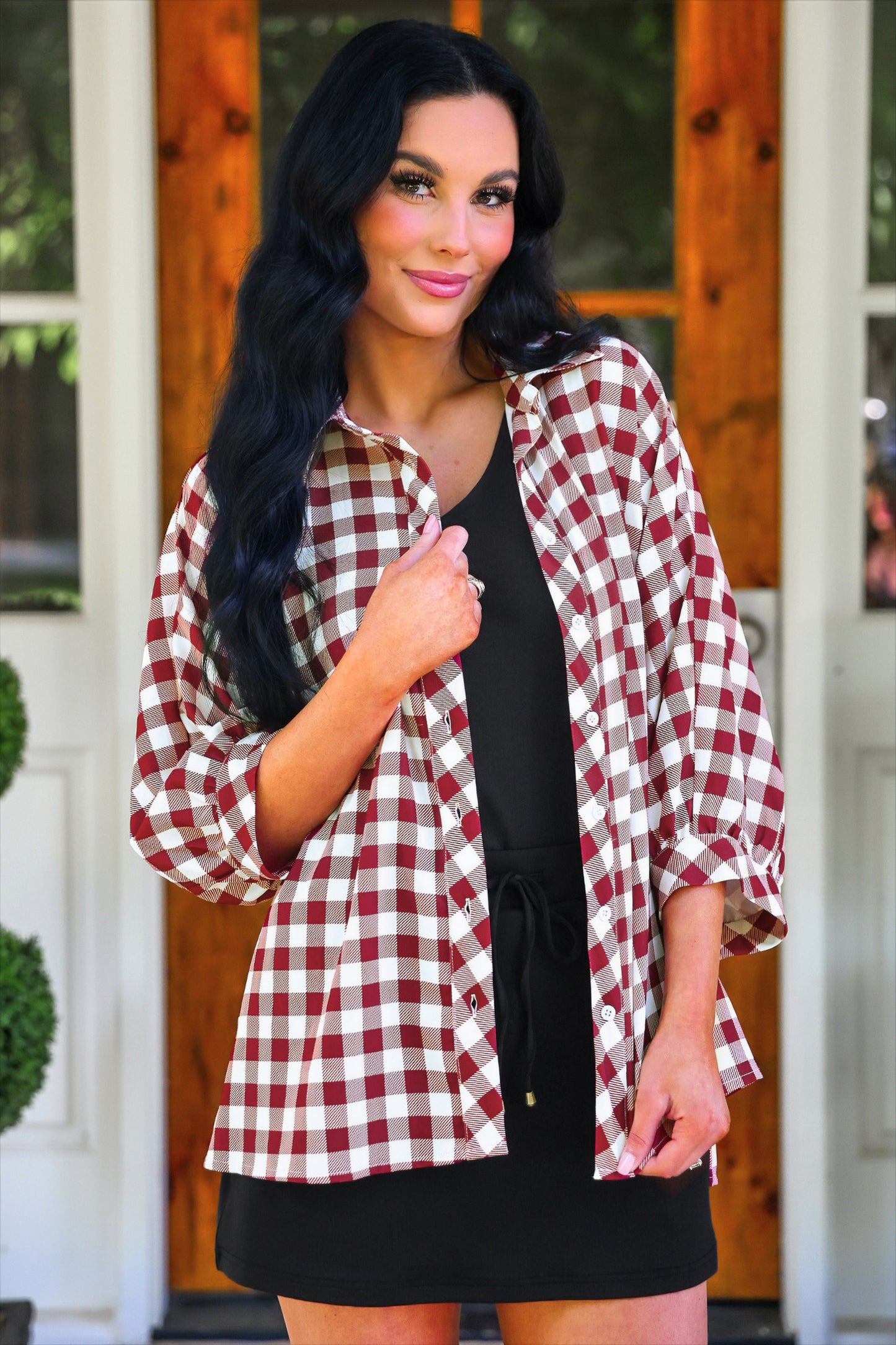 PREORDER- Sloane Button Up Top- Burgundy Gingham