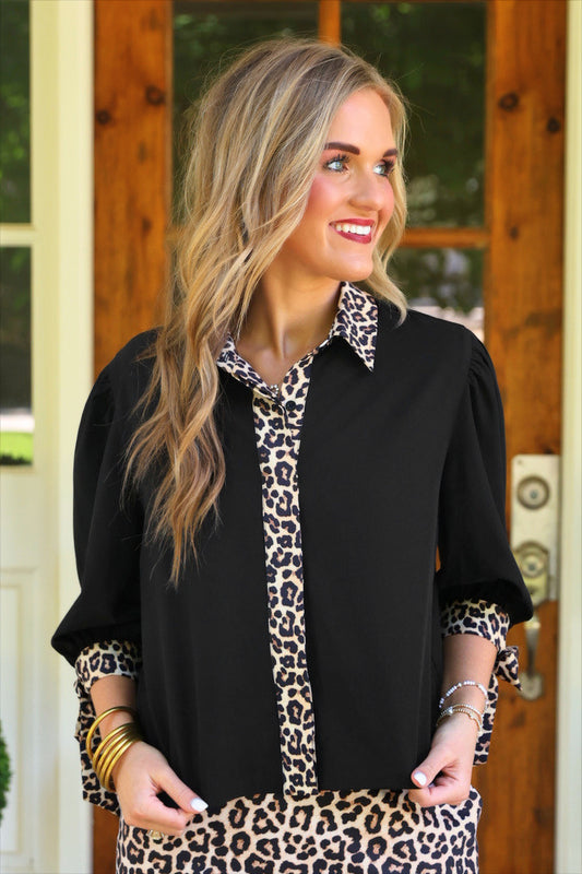 PREORDER- Cassidy Tie Sleeve Top- Black/Leopard