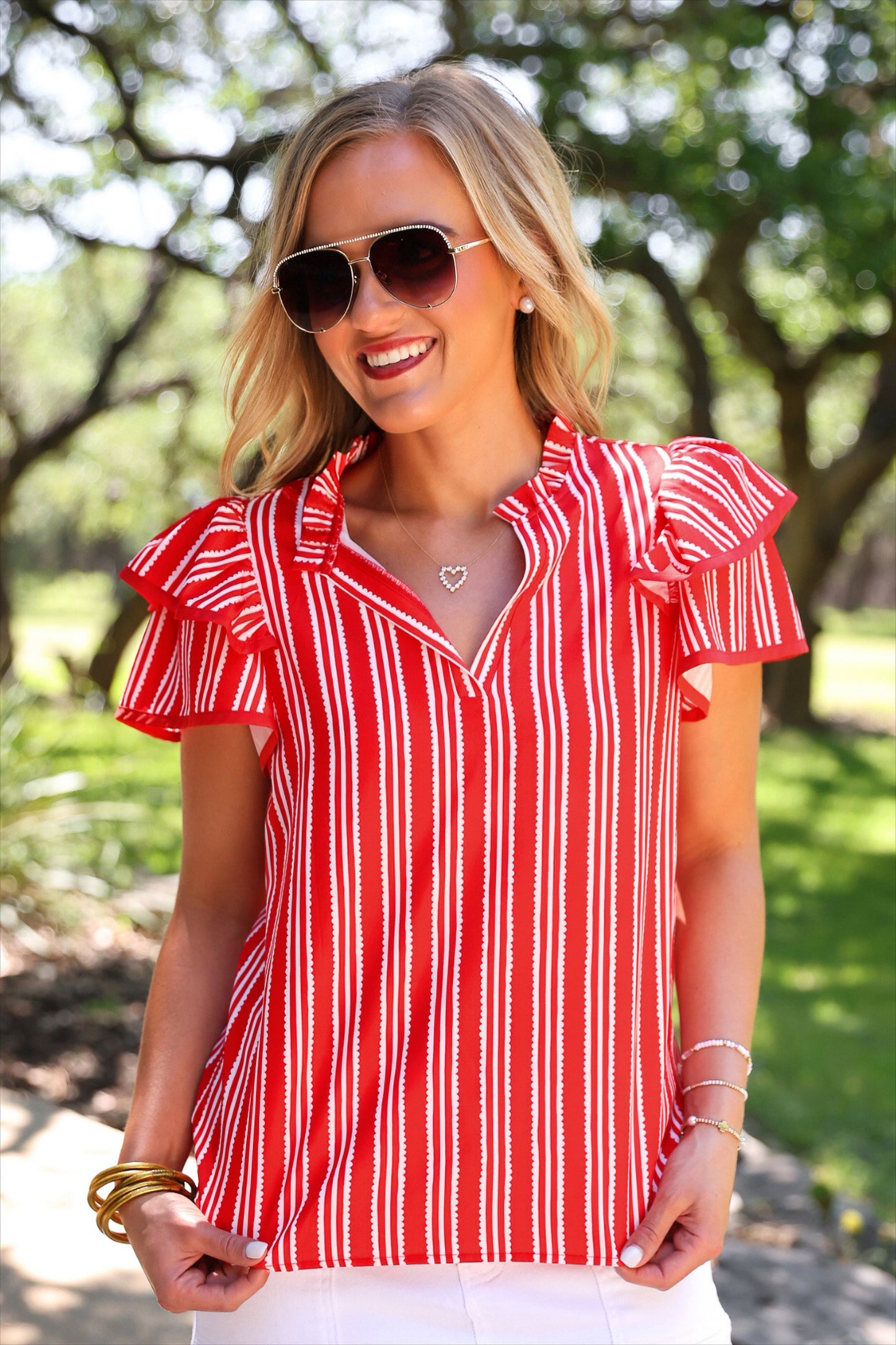 PREORDER- Layla Striped Flutter Sleeve Blouse- Red