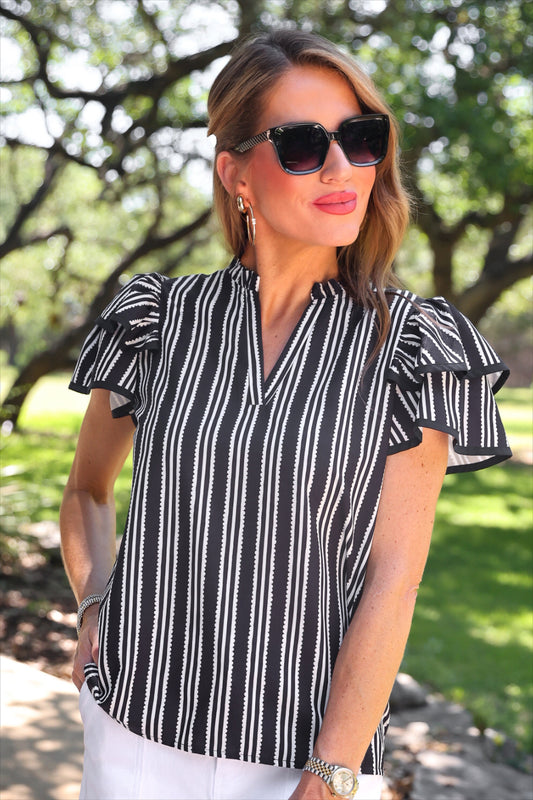 PREORDER- Layla Striped Flutter Sleeve Blouse- Black