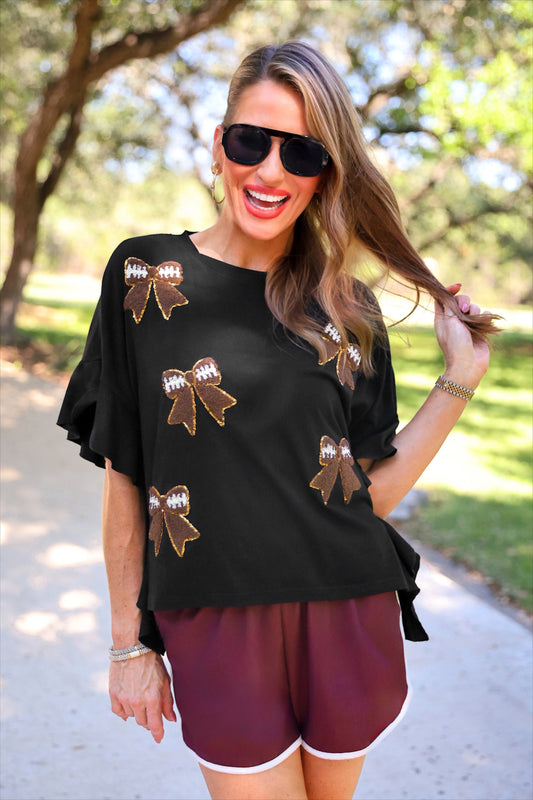 PREORDER- Sideline Sparkle Ruffle Top- Black