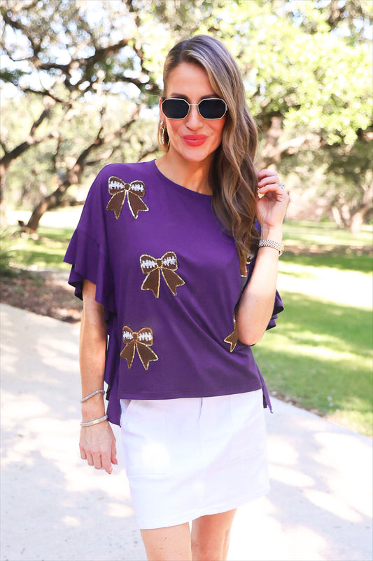 PREORDER- Sideline Sparkle Ruffle Top- Purple