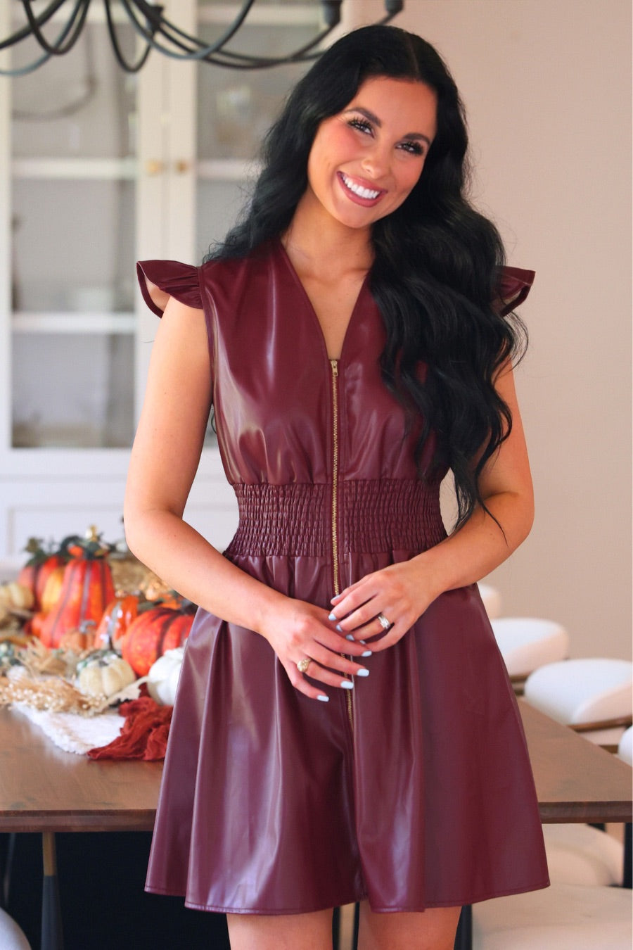 PREORDER- Downtown Leather Zipper Dress- Burgundy