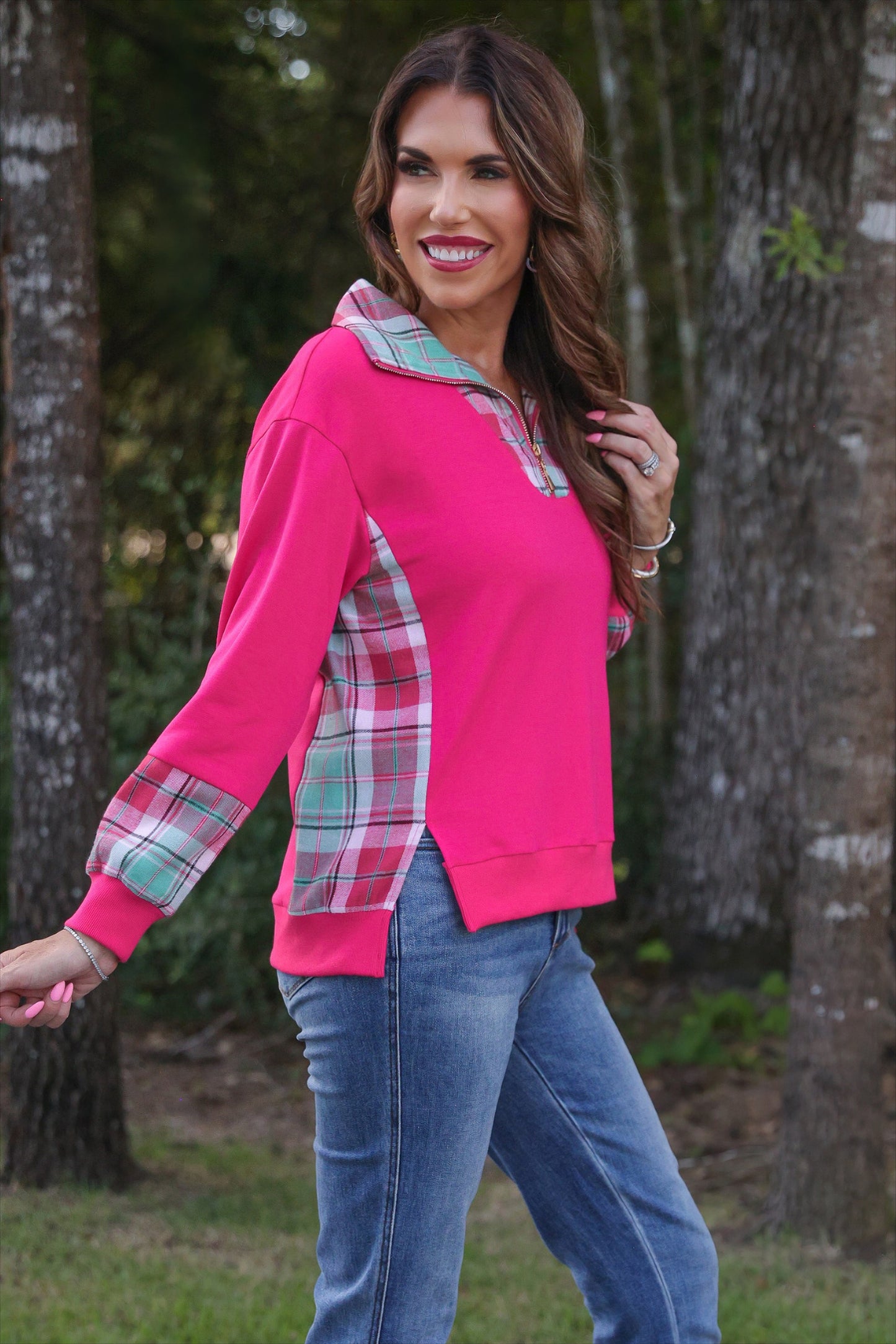 Juniper Plaid Pullover- Pink