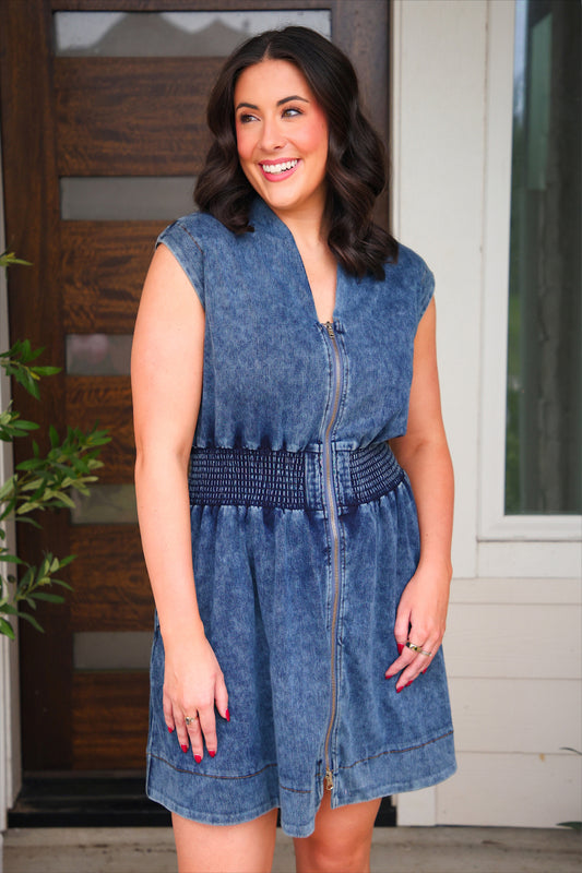 Refined Denim Zipper Dress- Light Wash