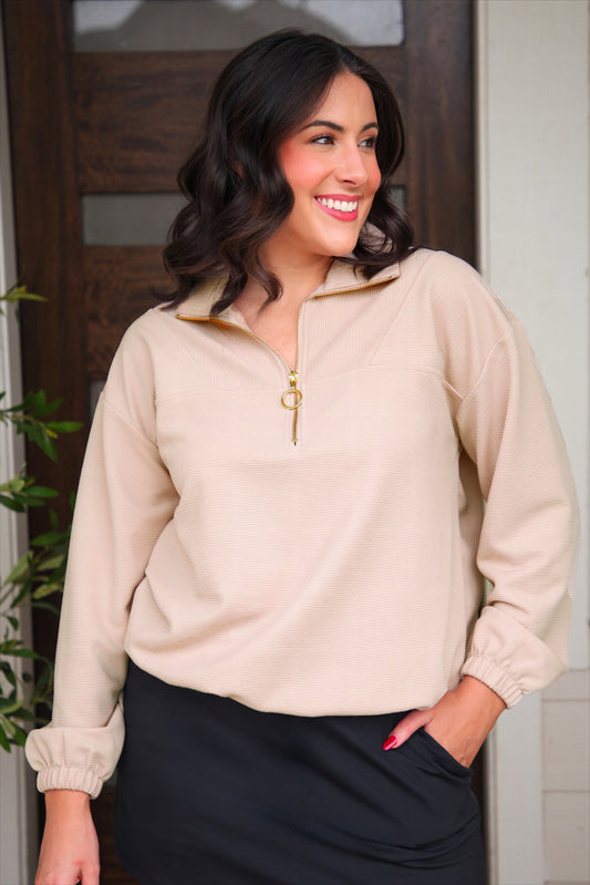 Levi Ribbed Quarter Zip Pullover- Taupe