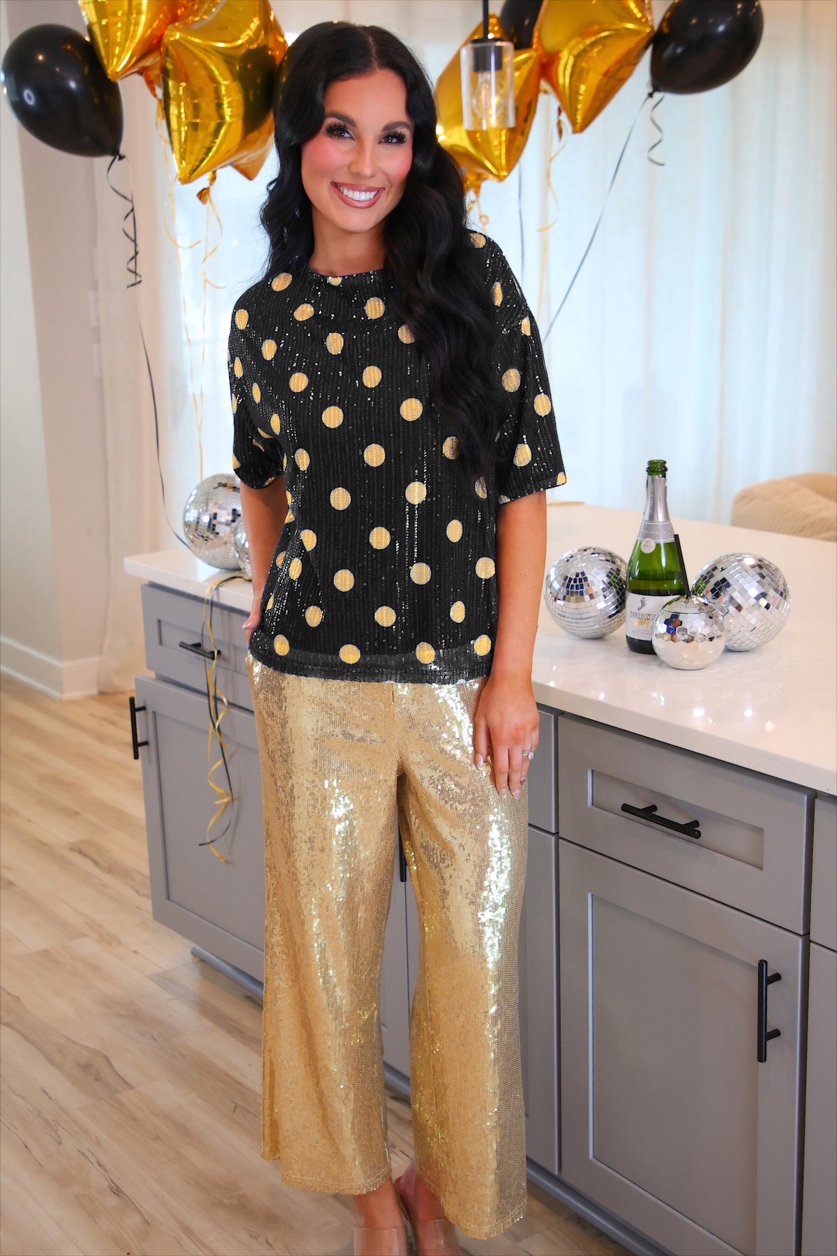 PREORDER- Polka Dot Pop Sequin Top- Black/Gold