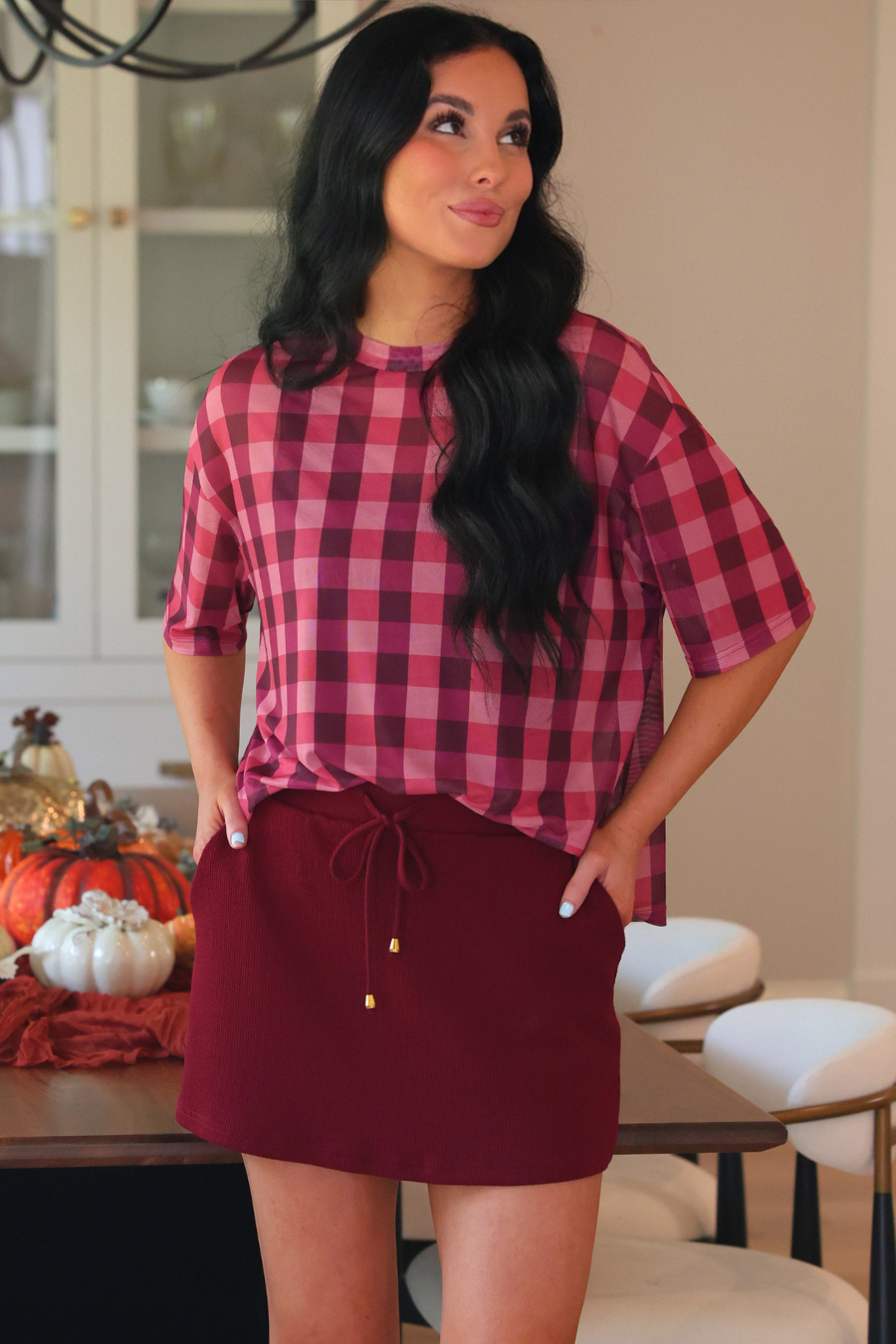 PREORDER- Emma Mesh Tee- Cranberry Gingham